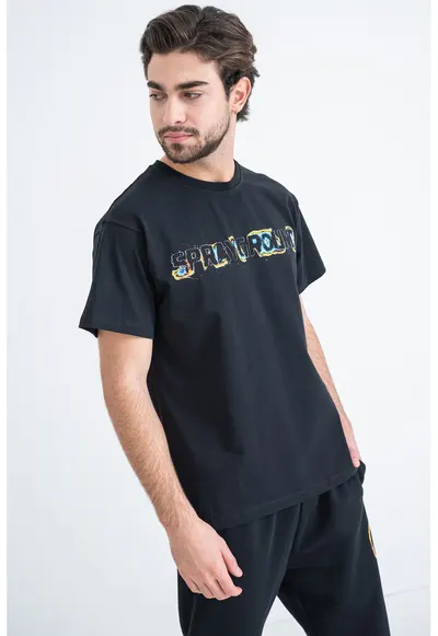 Tricou cu decolteu la baza gatului si imprimeu logo - Negru/Galben/Albastru