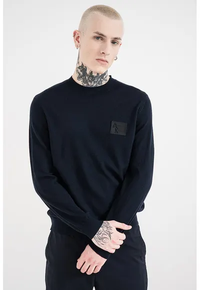 Pulover slim fit din amestec de lana cu aplicatie logo - Albastru ultramarin