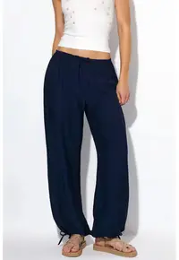 Pantaloni dama casual - talie elastica - detaliu cu snur - albastru marin - poliester