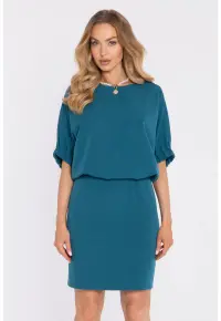Rochie midi dreapta cu decolteu rotund - Albastru oceanic