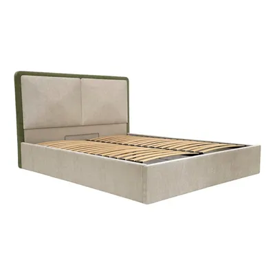 Pat matrimonial verde/bej tapițat cu spațiu de depozitare cu somieră 160x200 cm Mara – Bobochic Paris