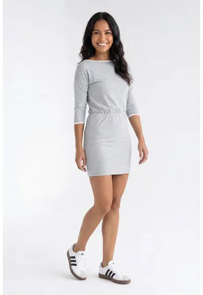 Rochie casual de zi - decolteu barca - maneca 3/4 - croiala mulata - lungime mini - din bumbac - pentru primavara-vara - M1358 - Gri