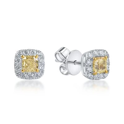 Cercei geometrici din aur alb-galben cu diamante galbene si incolore de 1.39ct