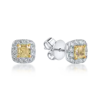 Cercei geometrici din aur alb-galben cu diamante galbene si incolore de 1.39ct