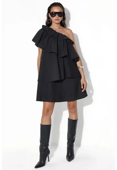Rochie Mini Asimetrica - Neagra - Poliester cu Lycra - Detalii cu Volane