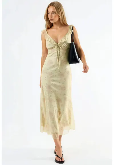 Rochie Midi florala - decolteu in V - crem natural - poliester-elastan