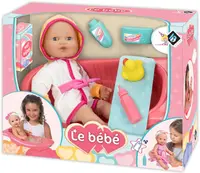 Păpușă bebe care face pipi Loko Toys Le Bebe - Cu halat de baie și cadă, 40 cm