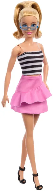Păpușă Barbie Fashionistas 213 - Cu un maiou alb-negru și o fustă roz