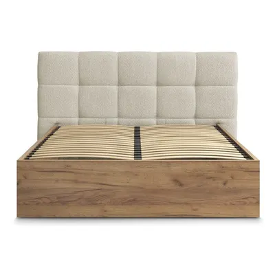 Pat matrimonial bej tapițat/din placă aglomerată de lemn tapițat cu spațiu de depozitare cu somieră 180x200 cm Kumo – Bobochic Paris