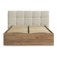 Pat matrimonial bej tapițat/din placă aglomerată de lemn tapițat cu spațiu de depozitare cu somieră 180x200 cm Kumo – Bobochic Paris