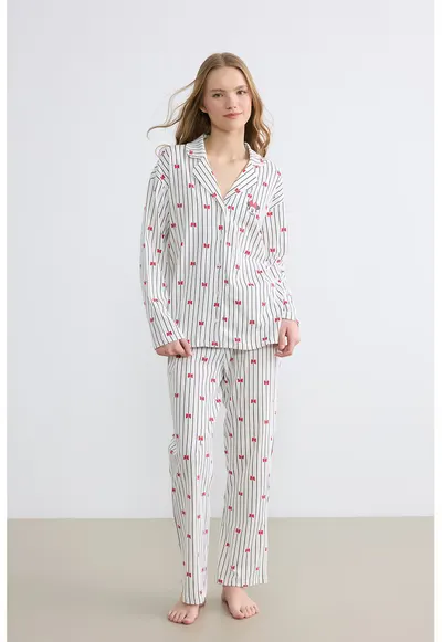 Pijama din bumbac cu model in dungi - Coral/Negru stins/Alb murdar