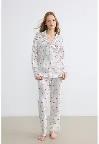 Pijama din bumbac cu model in dungi - Coral/Negru stins/Alb murdar