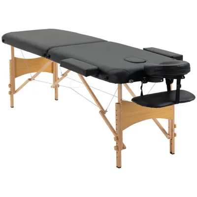 HOMCOM Pat de Masaj Pliabil și Portabil cu Înălțime Ajustabilă și Husă de Transport, Structură din Lemn, 185x60x61-88 cm, Negru