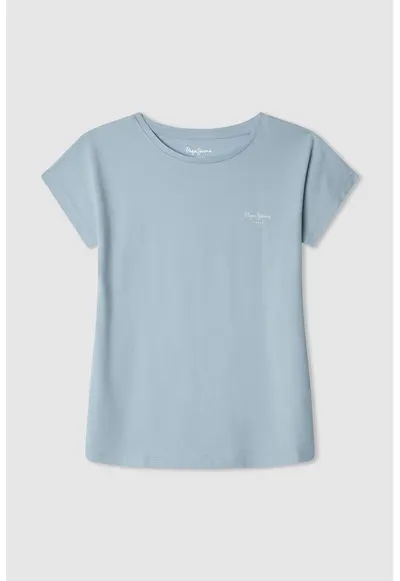 Tricou cu decolteu la baza gatului si logo discret Bloomy N - Albastru prafuit