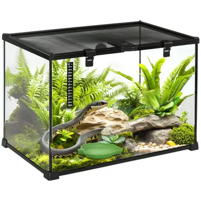 PawHut Terariu Înălțat pentru Reptile cu Încuietoare și Ușă pentru Hrănire, 50x30x35 cm, Negru | Aosom Romania