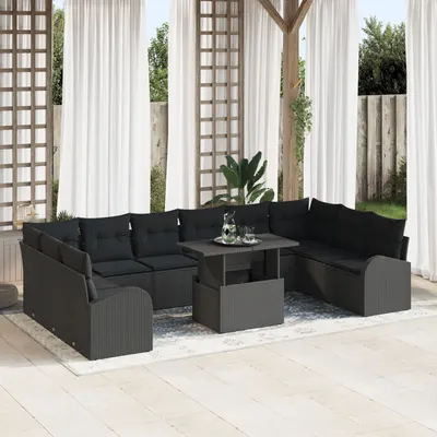 Set de canapele pentru gradina de 11 piese cu perne ratan negru poli, canapea de gradina cu 2 locuri cu spatiu de stocare si perne ratan negru poli