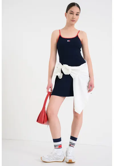 Rochie evazata din amestec de bumbac - Bleumarin stins
