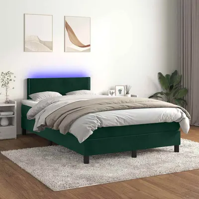 vidaXL Pat cu arcuri, saltea și LED, verde închis, 120x200 cm, catifea