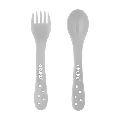 Set 2 tacamuri Akuku Gri in cutiuta transparenta de depozitare,materiale sigure fara BPA,forme rotunjite sigure pentru gingiile copiilor,potrivit in calatorii si acasa