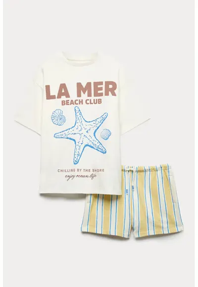Set de pantaloni scurti si tricou cu imprimeu - 2 piese - Galben pai/Crem