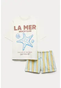 Set de pantaloni scurti si tricou cu imprimeu - 2 piese - Galben pai/Crem