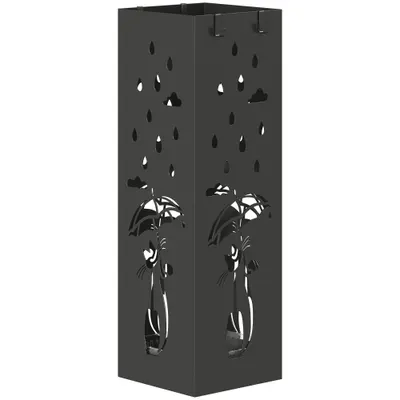 HOMCOM Suport de Umbrele Pătrat din Metal pentru Intrare, Suport Autoportant cu Tavă Detașabilă și 4 Cârlige, pentru Interior și Exterior, 15.5x15.5x49 cm, Negru | Aosom Romania
