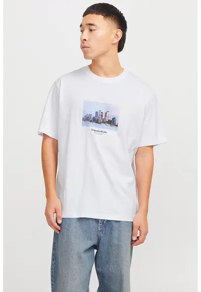 Tricou relaxed fit de bumbac cu imprimeu - Alb/Albastru deschis