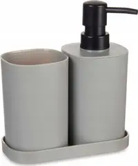 Distribuitor dispenser de sapun lichid cu pahar pentru perie si suport, plastic, 3 elemente, gri