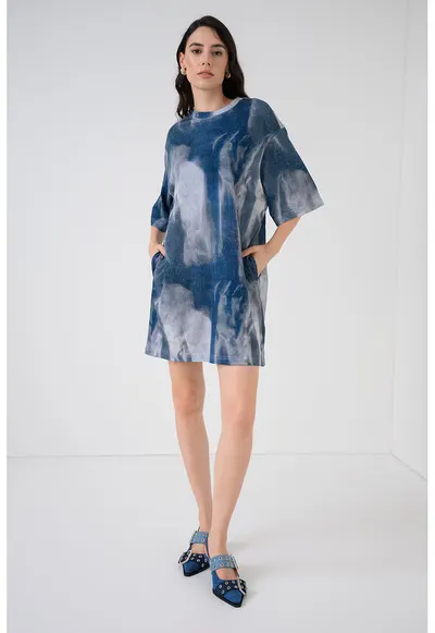 Rochie din bumbac organic cu model tie-dye - Albastru oceanic/Bleumarin
