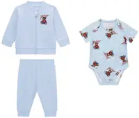 Set de 3 piese Guess - Body, hanorac și pantaloni, albastru deschis, 12 luni