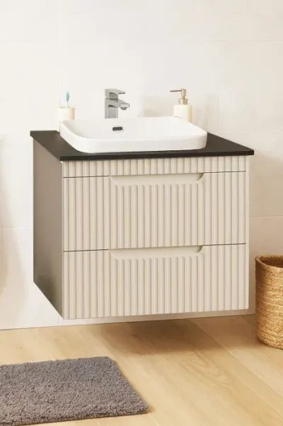 Set Baza front MDF si Lavoar seria 633, suspendata, cu sertare, montat, 60 cm, crem