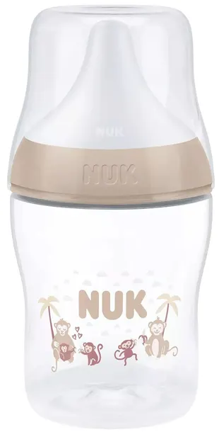 Biberon cu tetină din silicon NUK Perfect Match - 150 ml, mărimea S, 0 luni+, maimuță, bej