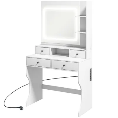 HOMCOM Masă de Toaletă cu Oglindă Iluminată LED, Masă de Machiaj cu Stație de Încărcare, 4 sertare și rafturi de depozitare, 90x45x160 cm, Alb