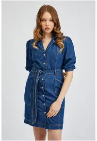Rochie de denim cu maneci bufante si cordon in talie - Bleumarin