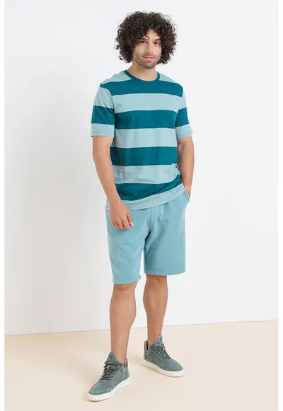 Tricou din bumbac cu decolteu la baza gatului - Verde inchis/Verde deschis
