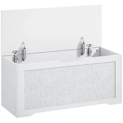 HOMCOM Cufăr de depozitare 108 L Bancă de depozitare cu panou din ratán Capac Brațe de susținere pentru hol 80x40x45cm Alb | Aosom Romania