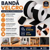 Banda velcro adeziva, Banda cu scai si adeziv, Reutilizabila, Latime 5 cm, Lungime 5 m, Alb