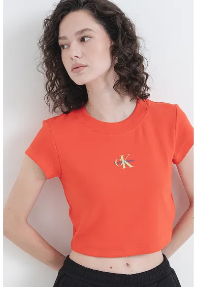 Tricou crop cu aspect striat - Rosu/Bej