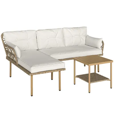 Outsunny Set Mobilier Grădină 4 Persoane, 3 Piese cu Măsuță de Cafea, Perne Confortabile Incluse, Ratan Crem | Aosom Romania