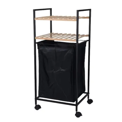 Etajeră de baie mobilă cu coș pentru rufe, cadru metalic negru și polițe din bambus 38x32,5x89.5 cm