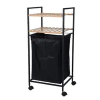 Etajeră de baie mobilă cu coș pentru rufe, cadru metalic negru și polițe din bambus 38x32,5x89.5 cm