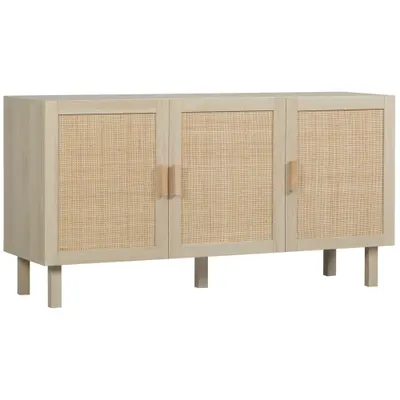 HOMCOM Bufet Meuble de Rangement Placard 3 Portes cu raft ajustabil Efect de răchită, stil boem - 136 x 41 x 70 cm | Aosom Romania