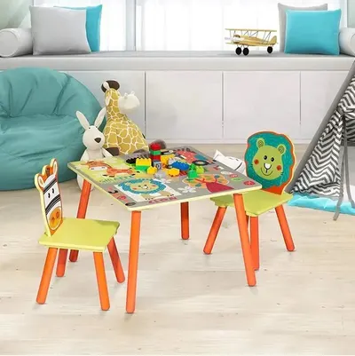 Set masuta si 2 scaunele cu spatar din lemn Ginger Home Safari, Margini rotunjite,potrivit pentru activitatiteme,gradinita,after school,greutate suportata 40kg