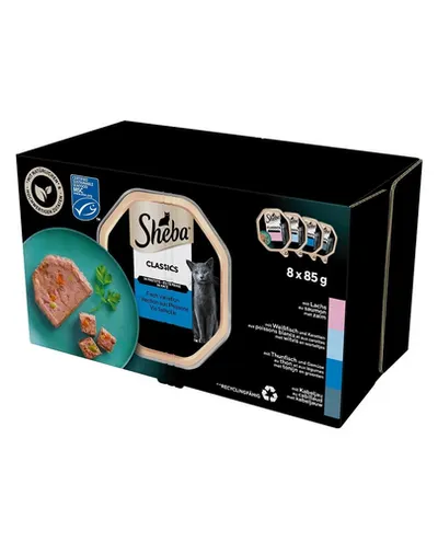 SHEBA Classics hrana cu peste pentru pisica 8x85 g pate cu somon, peste alb si morcovi, ton si legume, cod