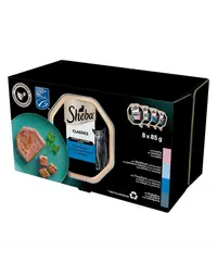 SHEBA Classics hrana cu peste pentru pisica 8x85 g pate cu somon, peste alb si morcovi, ton si legume, cod