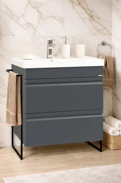 Set Baza front MDF si Lavoar seria 786, cadru metalic, cu sertare, montata, 70 cm, antracit