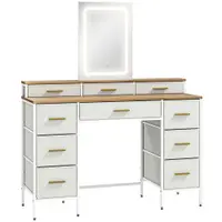 HOMCOM Masă de toaletă cu oglindă și lumini LED 3 culori, masă de machiaj 10 sertare din material textil, 118,5 x 39,5 x 140 cm natural | Aosom Romania