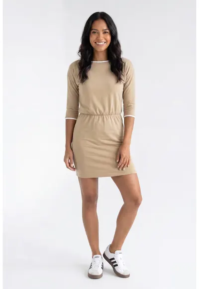 Rochie casual de zi - decolteu barca - maneca 3/4 - croiala mulata - lungime mini - din bumbac - pentru primavara-vara - M1358 - Bej