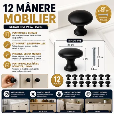 Set 10 manere pentru mobilier, Versatile, Pentru usi si sertare, Accesorii montare incluse, 3 x 2.6 cm, Negru mat