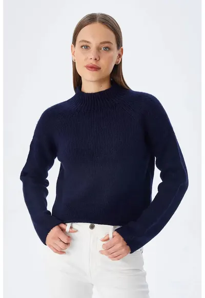 Pulover scurt - bleumarin - tricotaj texturat - maneci lungi - acrilic-poliester